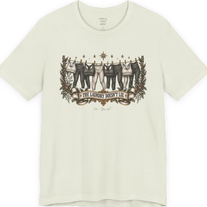 A short sleeved tee. Illustrated clothesline strung with repeating pairs of leggings and tops, framed by botanical leaf sprigs and stars. Laundry T-Shirt flat lay is a Bella+Canvas 3001 and the color is Citron.