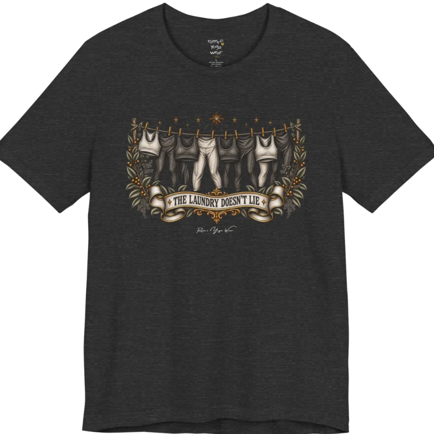 A short sleeved tee. Illustrated clothesline strung with repeating pairs of leggings and tops, framed by botanical leaf sprigs and stars. Laundry T-Shirt flat lay is a Bella+Canvas 3001 and the color is Dark Grey Heather.