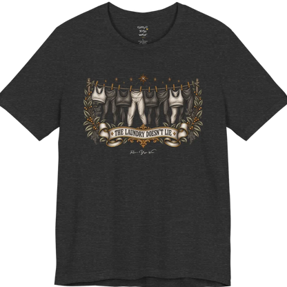 A short sleeved tee. Illustrated clothesline strung with repeating pairs of leggings and tops, framed by botanical leaf sprigs and stars. Laundry T-Shirt flat lay is a Bella+Canvas 3001 and the color is Dark Grey Heather.