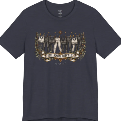 A short sleeved tee. Illustrated clothesline strung with repeating pairs of leggings and tops, framed by botanical leaf sprigs and stars. Laundry T-Shirt flat lay is a Bella+Canvas 3001 and the color is Heather Midnight Blue.