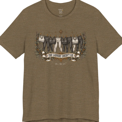 A short sleeved tee. Illustrated clothesline strung with repeating pairs of leggings and tops, framed by botanical leaf sprigs and stars. Laundry T-Shirt flat lay is a Bella+Canvas 3001 and the color is Heather Olive.