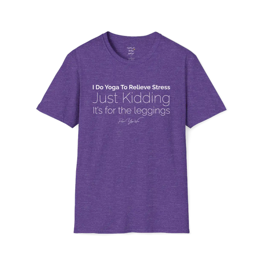 "I Do Yoga To Relieve Stress, Just Kidding It's For The Leggings" design — The Vault collection by Ramro Yoga Wear, Heather Purple.