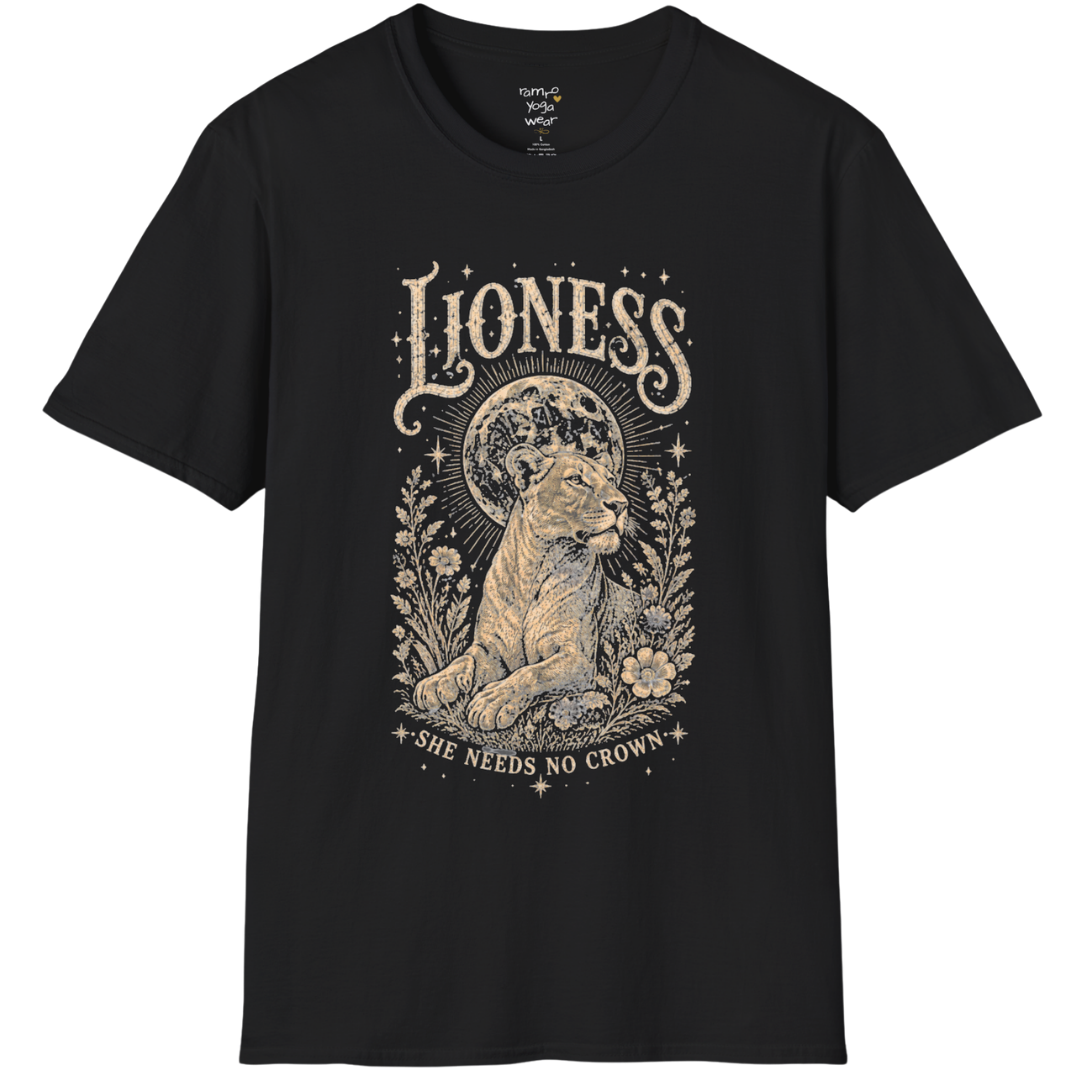 Ramro Yoga Wear Lioness tee in Black — lioness moon botanical vintage engraving, flat lay product shot