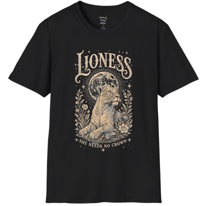 Ramro Yoga Wear Lioness tee in Black — lioness moon botanical vintage engraving, flat lay product shot