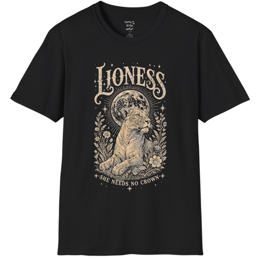 Ramro Yoga Wear Lioness tee in Black — lioness moon botanical vintage engraving, flat lay product shot
