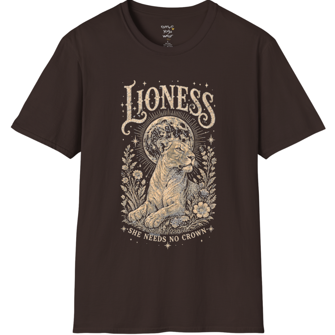 Ramro Yoga Wear Lioness tee in Dark Chocolate — lioness moon botanical vintage engraving, flat lay product shot