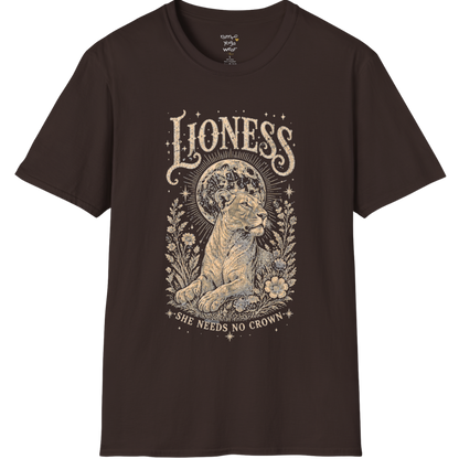 Ramro Yoga Wear Lioness tee in Dark Chocolate — lioness moon botanical vintage engraving, flat lay product shot