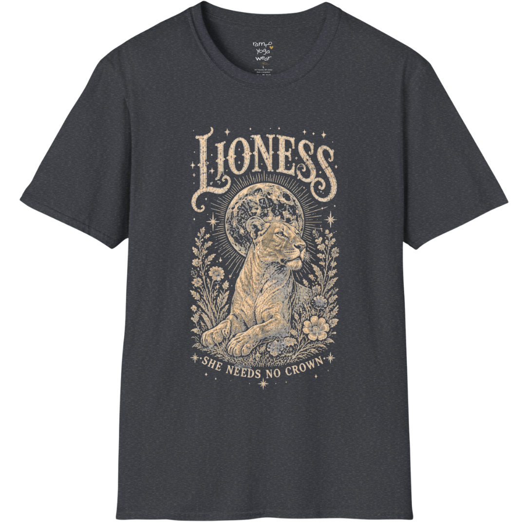 Ramro Yoga Wear Lioness tee in Dark Heather Grey — lioness moon botanical vintage engraving, flat lay product shot