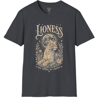 Ramro Yoga Wear Lioness tee in Dark Heather Grey — lioness moon botanical vintage engraving, flat lay product shot