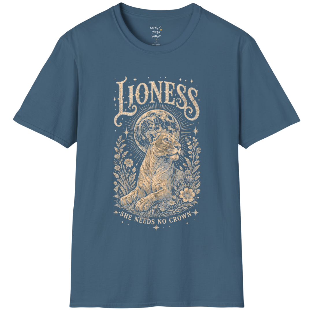 Ramro Yoga Wear Lioness tee in Indigo Blue — lioness moon botanical vintage engraving, flat lay product shot