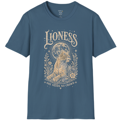 Ramro Yoga Wear Lioness tee in Indigo Blue — lioness moon botanical vintage engraving, flat lay product shot