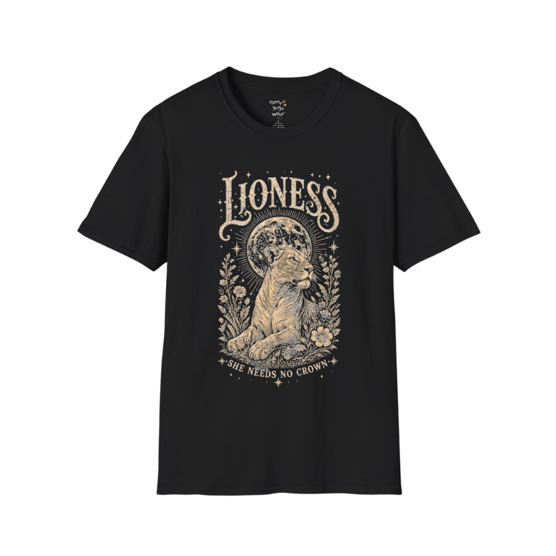 Ramro Yoga Wear Lioness tee in Black — lioness moon botanical vintage engraving, flat lay product shot