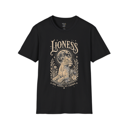 Ramro Yoga Wear Lioness tee in Black — lioness moon botanical vintage engraving, flat lay product shot