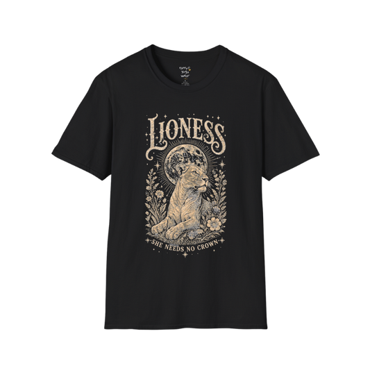 Ramro Yoga Wear Lioness tee in Black — lioness moon botanical vintage engraving, flat lay product shot