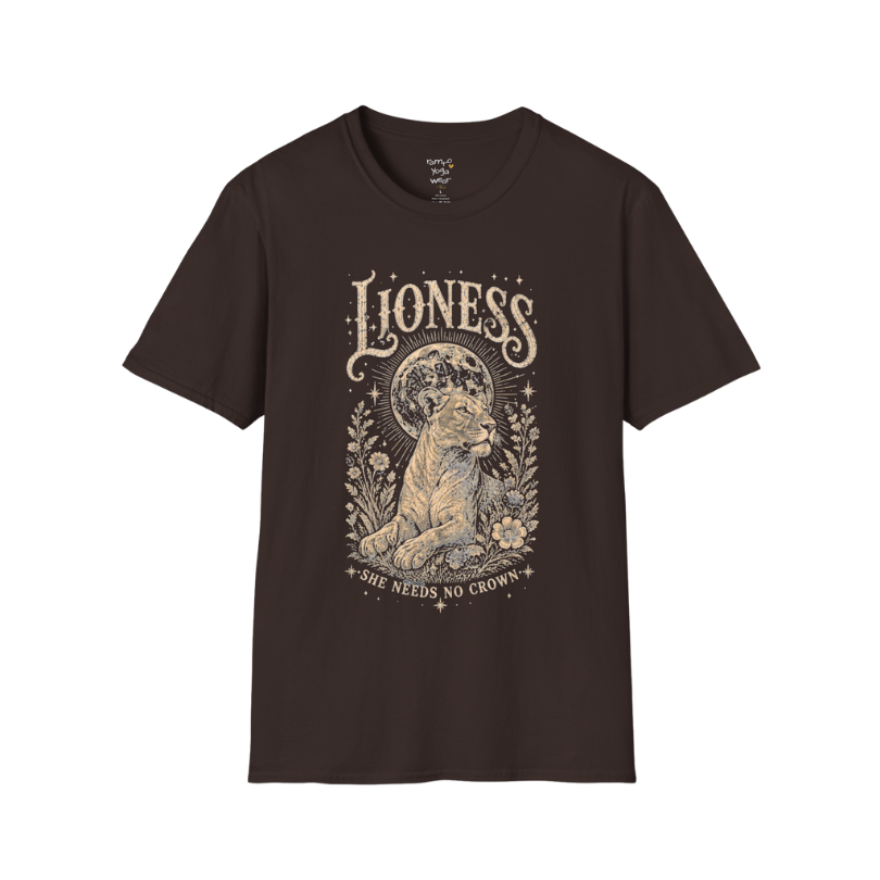 Ramro Yoga Wear Lioness tee in Dark Chocolate — lioness moon botanical vintage engraving, flat lay product shot