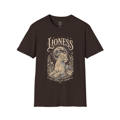 Ramro Yoga Wear Lioness tee in Dark Chocolate — lioness moon botanical vintage engraving, flat lay product shot