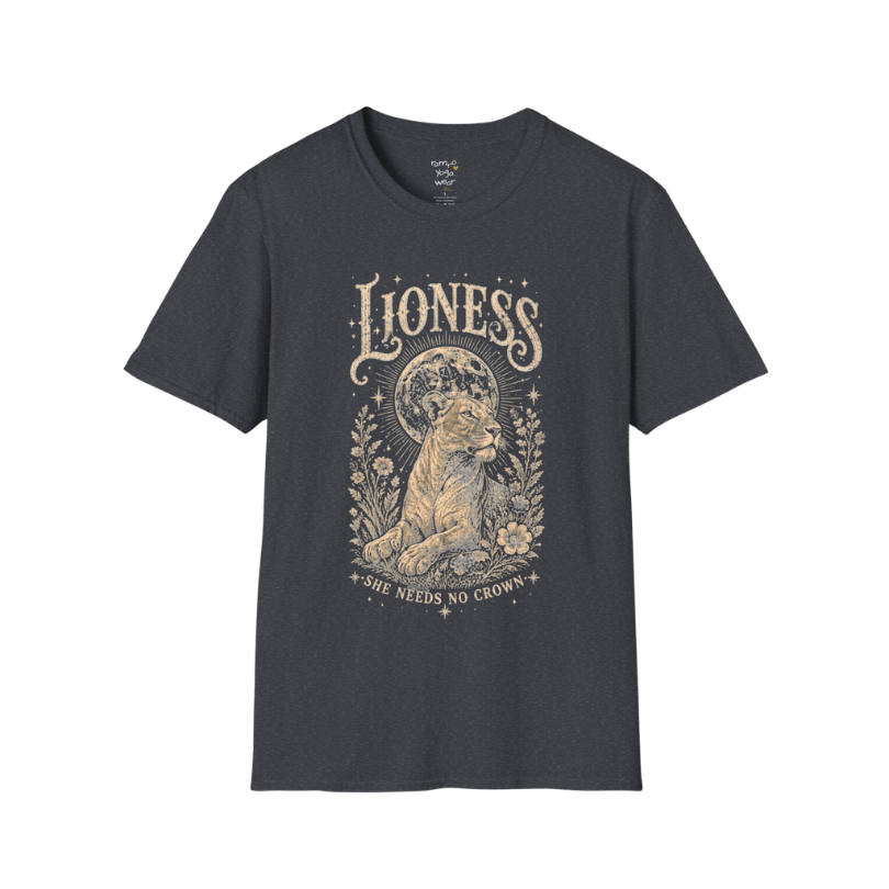 Ramro Yoga Wear Lioness tee in Dark Heather Grey — lioness moon botanical vintage engraving, flat lay product shot