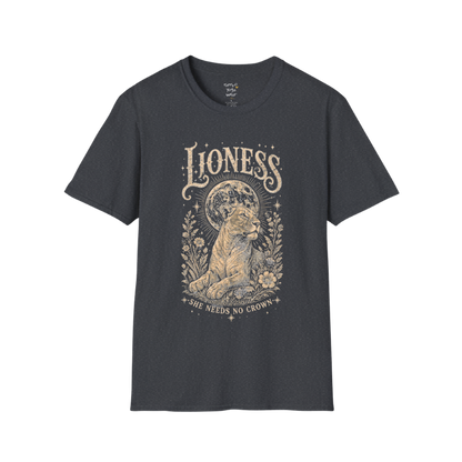 Ramro Yoga Wear Lioness tee in Dark Heather Grey — lioness moon botanical vintage engraving, flat lay product shot