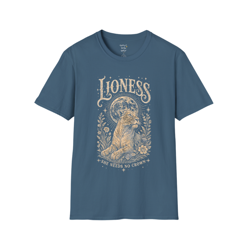 Ramro Yoga Wear Lioness tee in Indigo Blue — lioness moon botanical vintage engraving, flat lay product shot
