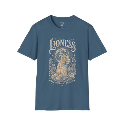 Ramro Yoga Wear Lioness tee in Indigo Blue — lioness moon botanical vintage engraving, flat lay product shot