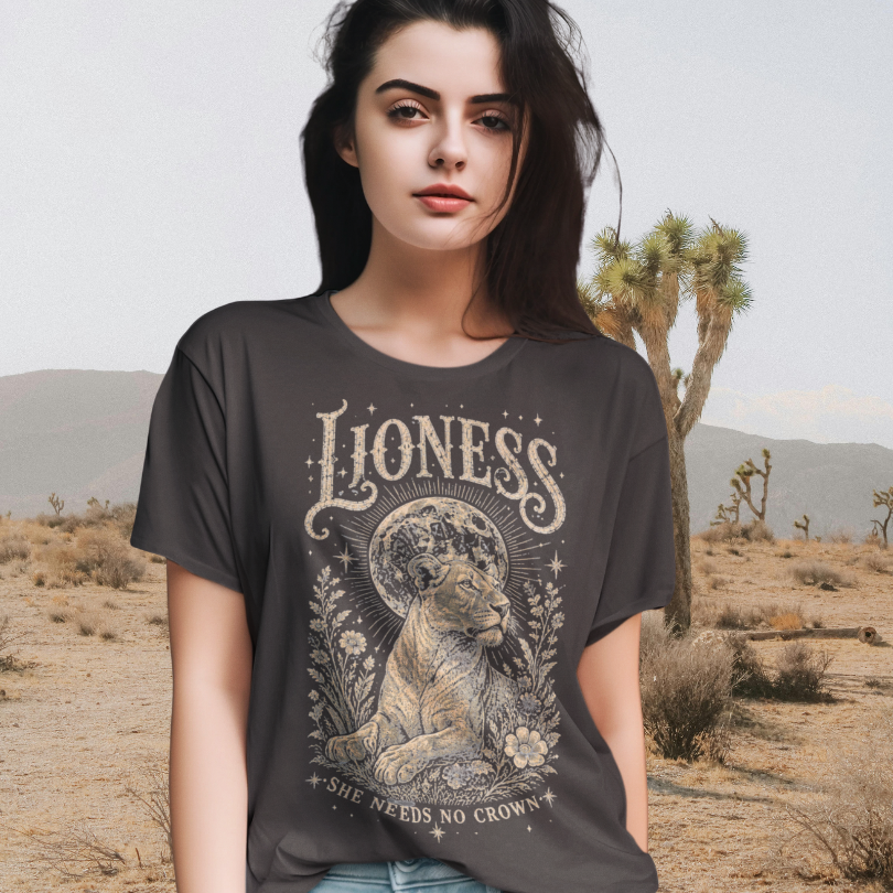 Ramro Yoga Wear Lioness tee — lifestyle shot, desert landscape, lioness moon botanical vintage engraving
