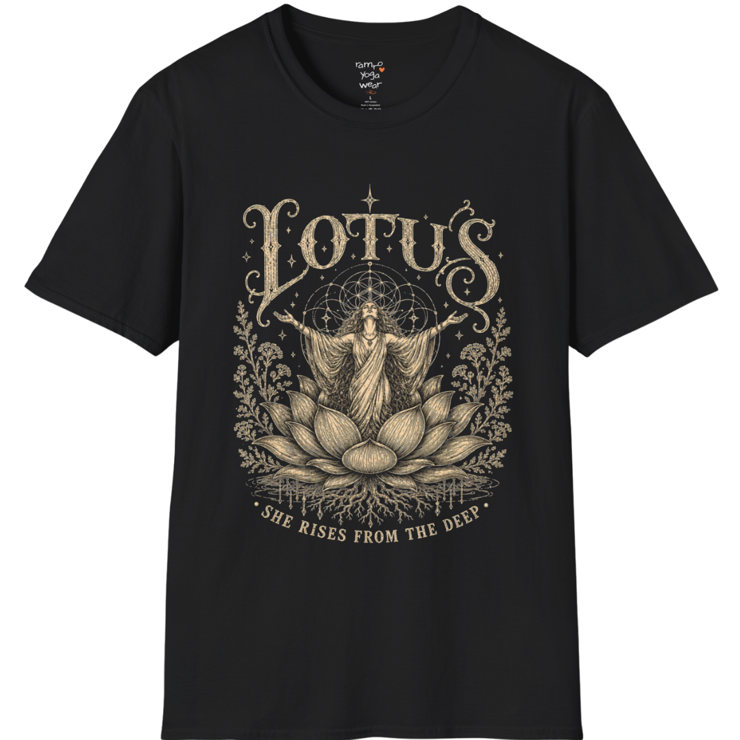 Lotus dark sacred yoga shirt in black — woman rising from lotus engraving design — Sacred Thread collection by Ramro Yoga Wear