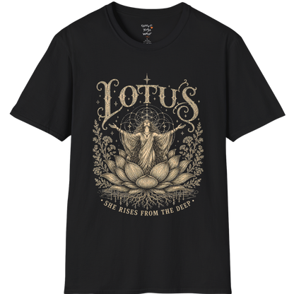 Lotus dark sacred yoga shirt in black — woman rising from lotus engraving design — Sacred Thread collection by Ramro Yoga Wear