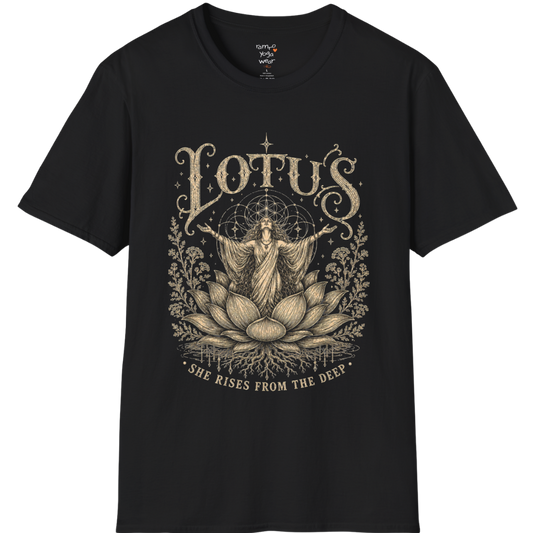 Lotus dark sacred yoga shirt in black — woman rising from lotus engraving design — Sacred Thread collection by Ramro Yoga Wear