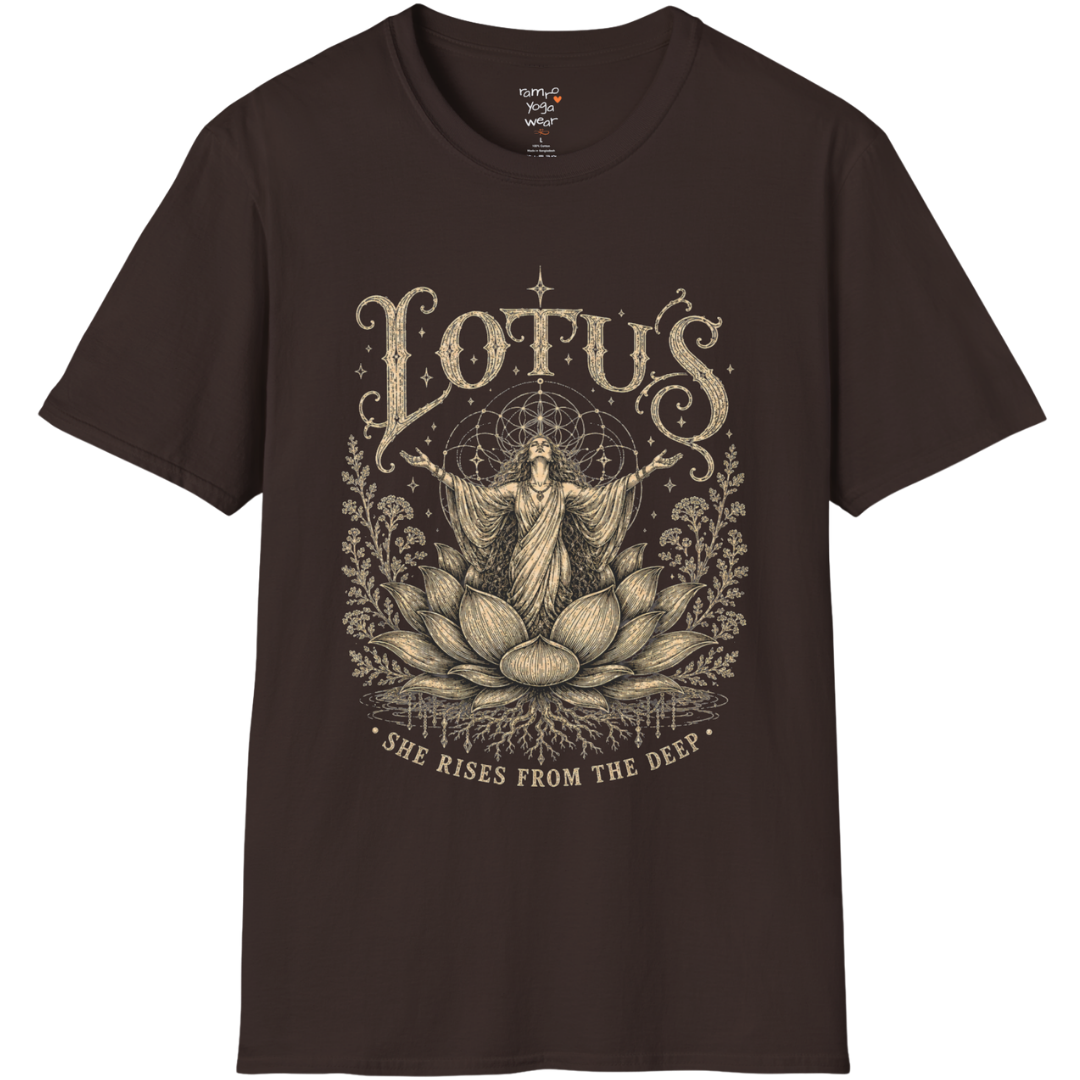 Lotus dark sacred yoga shirt in dark chocolate — woman rising from lotus engraving design — Sacred Thread collection by Ramro Yoga Wear