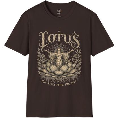Lotus dark sacred yoga shirt in dark chocolate — woman rising from lotus engraving design — Sacred Thread collection by Ramro Yoga Wear