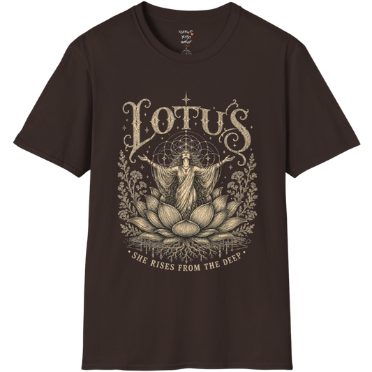 Lotus dark sacred yoga shirt in dark chocolate — woman rising from lotus engraving design — Sacred Thread collection by Ramro Yoga Wear