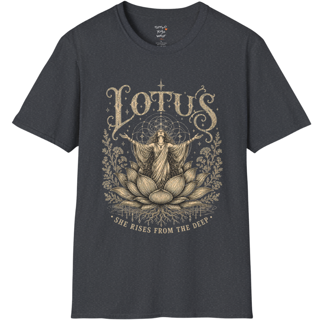 Lotus dark sacred yoga shirt in dark heather grey — woman rising from lotus engraving design — Sacred Thread collection by Ramro Yoga Wear