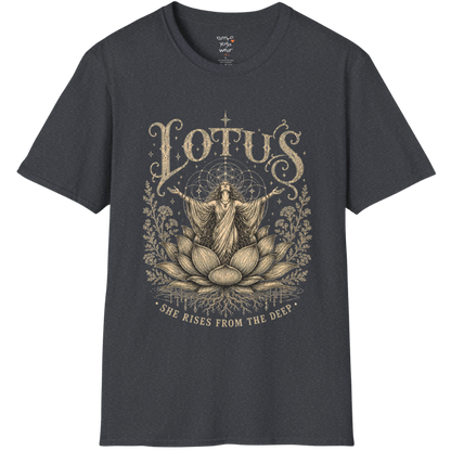 Lotus dark sacred yoga shirt in dark heather grey — woman rising from lotus engraving design — Sacred Thread collection by Ramro Yoga Wear