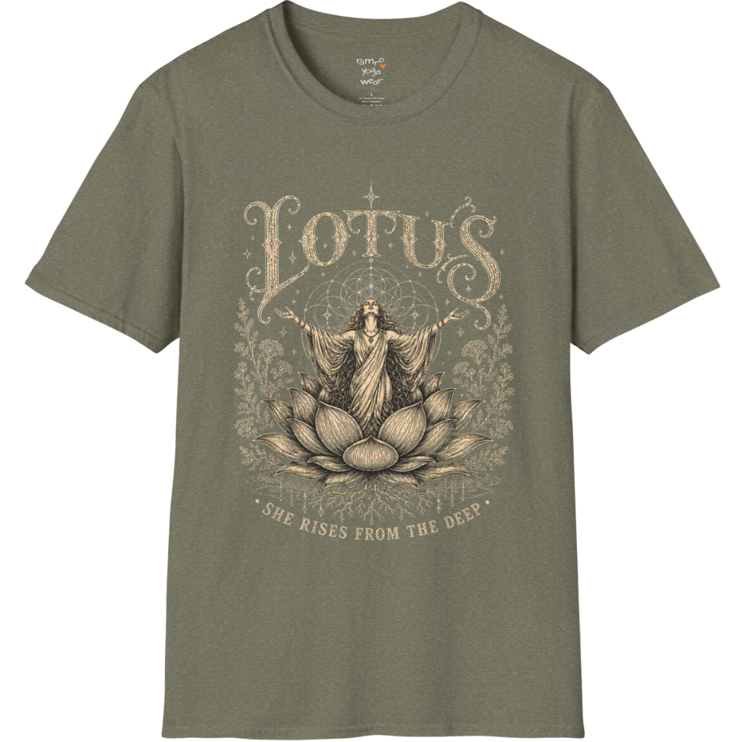 Lotus dark sacred yoga shirt in heather military green — woman rising from lotus engraving design — Sacred Thread collection by Ramro Yoga Wear