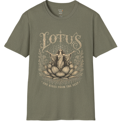 Lotus dark sacred yoga shirt in heather military green — woman rising from lotus engraving design — Sacred Thread collection by Ramro Yoga Wear