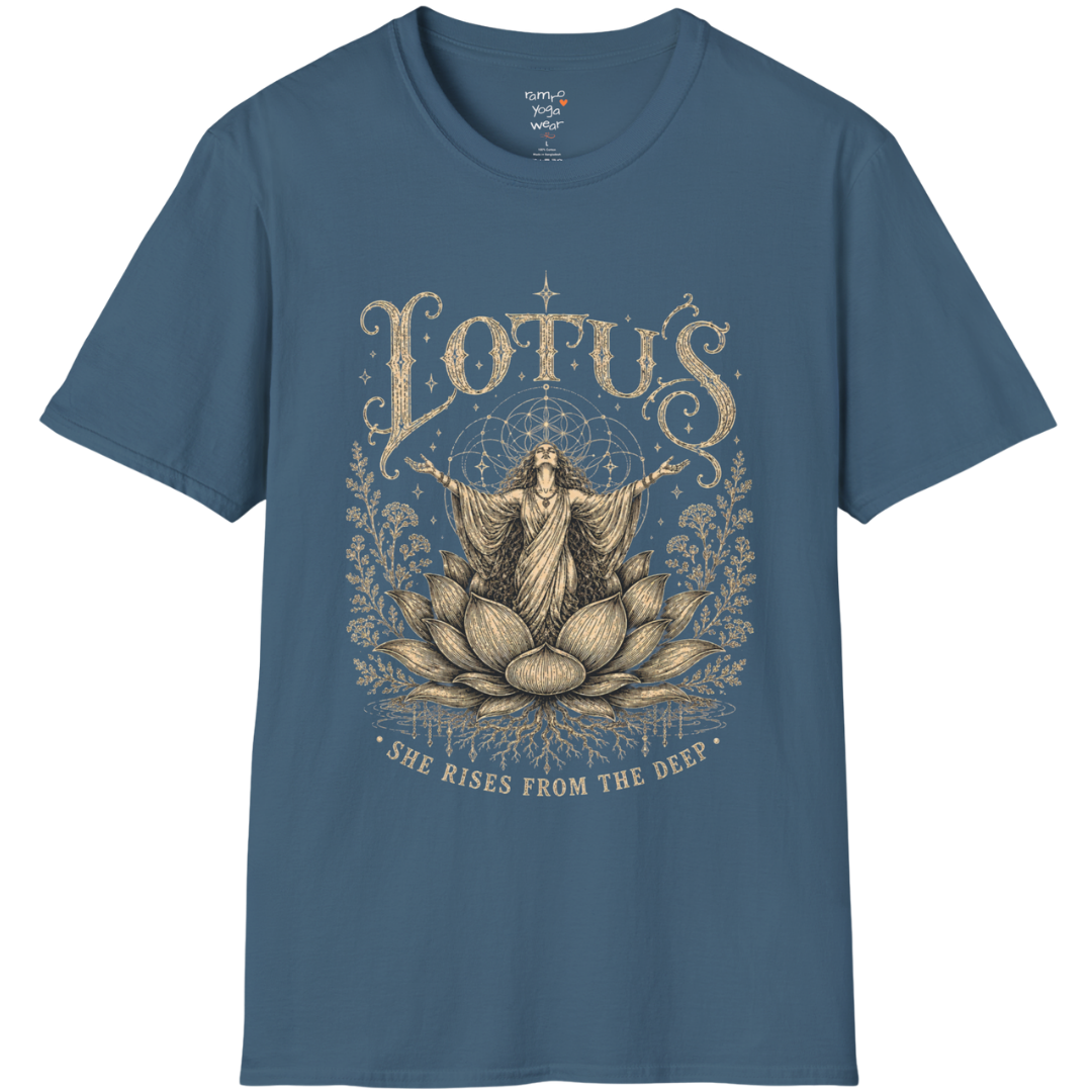 Lotus dark sacred yoga shirt in indigo blue — woman rising from lotus engraving design — Sacred Thread collection by Ramro Yoga Wear