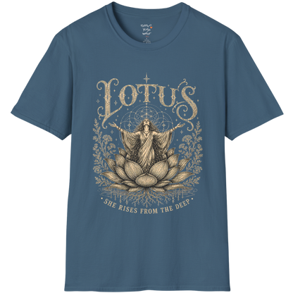 Lotus dark sacred yoga shirt in indigo blue — woman rising from lotus engraving design — Sacred Thread collection by Ramro Yoga Wear