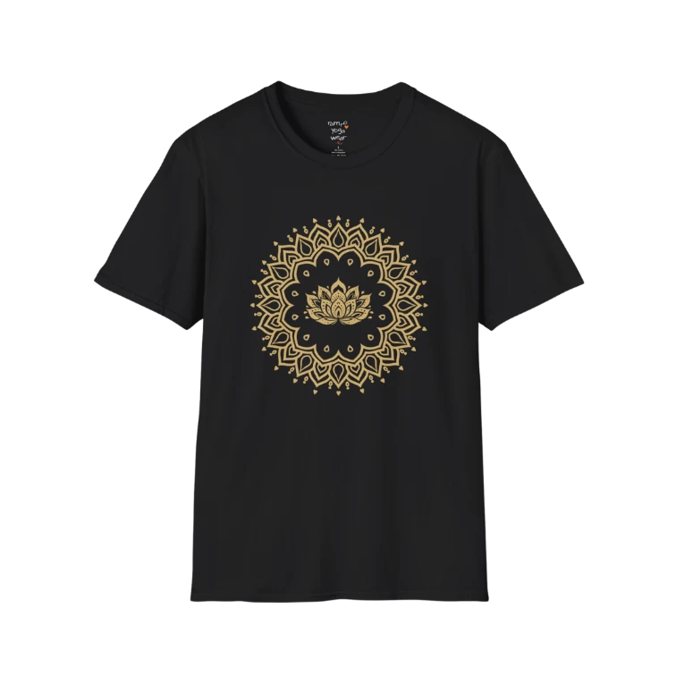 Lotus Mandala T-Shirt with gold mandala and lotus design — The Vault collection by Ramro Yoga Wear — Black