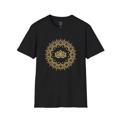 Lotus Mandala T-Shirt with gold mandala and lotus design — The Vault collection by Ramro Yoga Wear — Black