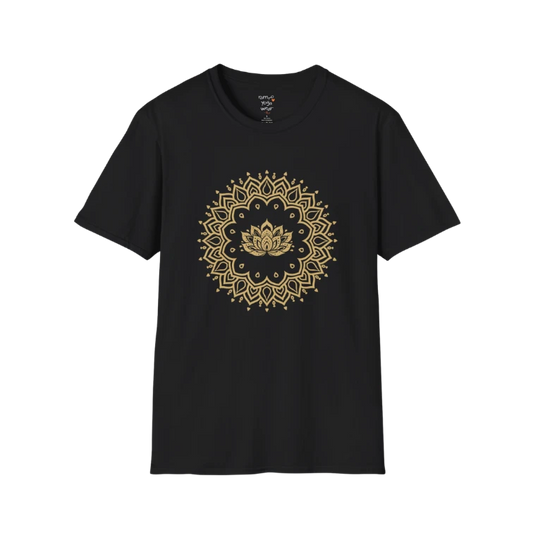 Lotus Mandala T-Shirt Black with intricate mandala lotus design. Spiritual yoga tee with bold contrast and mindful energy.