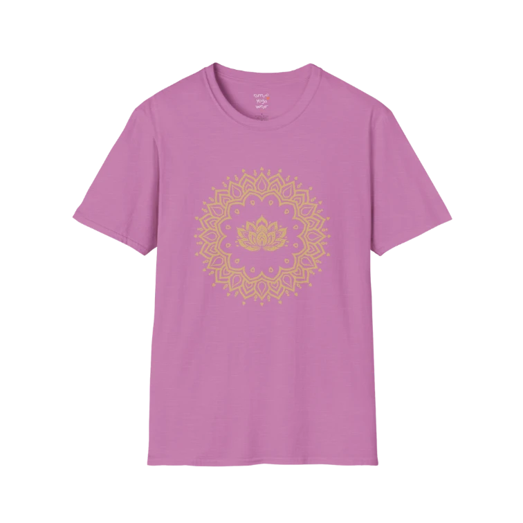 Lotus Mandala T-Shirt with gold mandala and lotus design — The Vault collection by Ramro Yoga Wear — Heather Radiant Orchid