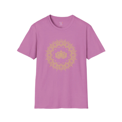 Lotus Mandala T-Shirt with gold mandala and lotus design — The Vault collection by Ramro Yoga Wear — Heather Radiant Orchid