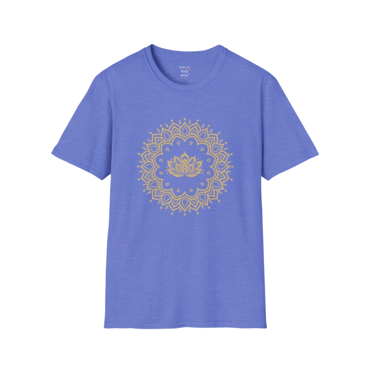Lotus Mandala T-Shirt with gold mandala and lotus design — The Vault collection by Ramro Yoga Wear — Heather Royal