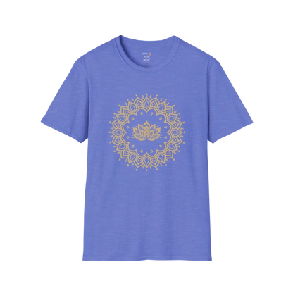 Lotus Mandala T-Shirt with gold mandala and lotus design — The Vault collection by Ramro Yoga Wear — Heather Royal