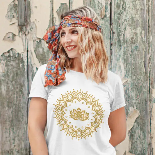 Lotus Mandala T-Shirt worn in a relaxed, bohemian setting. Spiritual yoga tee styled for calm, mindful everyday living.