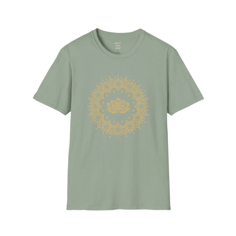 Lotus Mandala T-Shirt with gold mandala and lotus design — The Vault collection by Ramro Yoga Wear — Sage