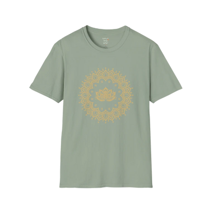 Lotus Mandala T-Shirt with gold mandala and lotus design — The Vault collection by Ramro Yoga Wear — Sage
