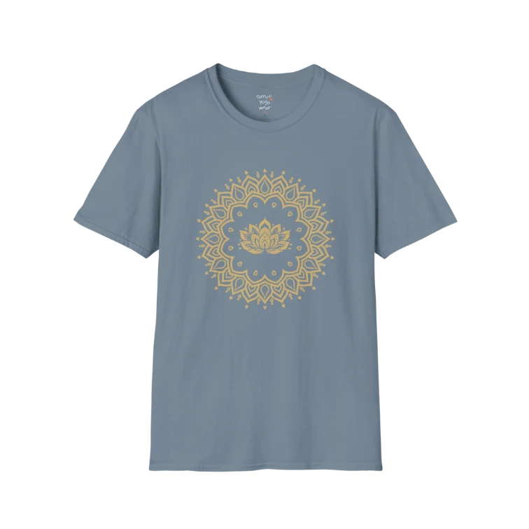 Lotus Mandala T-Shirt with gold mandala and lotus design — The Vault collection by Ramro Yoga Wear — Stone Blue