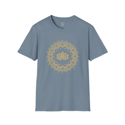 Lotus Mandala T-Shirt with gold mandala and lotus design — The Vault collection by Ramro Yoga Wear — Stone Blue