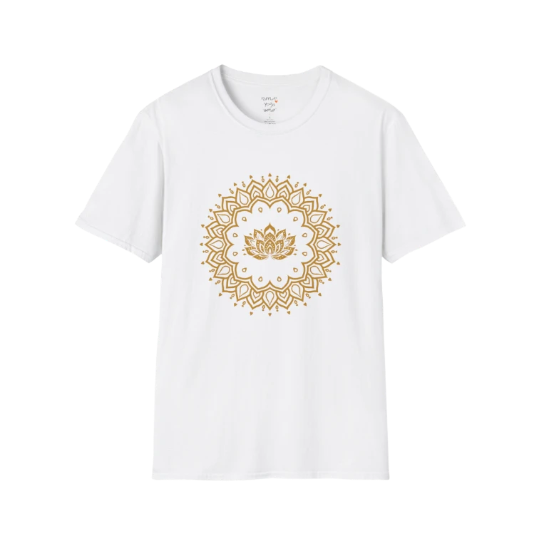 Lotus Mandala T-Shirt with gold mandala and lotus design — The Vault collection by Ramro Yoga Wear — White
